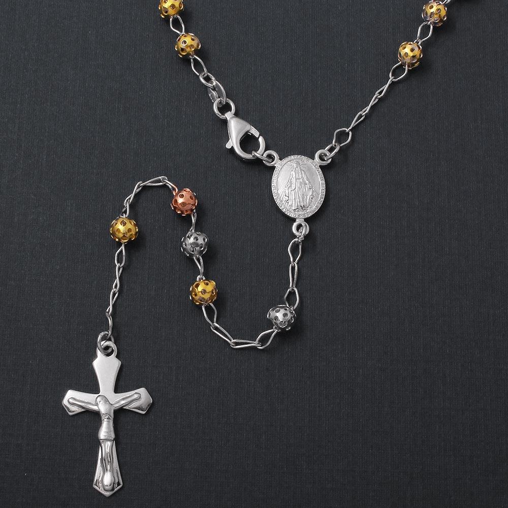 925 Silver High Polished 3 Toned Filigree Rosary 5mm
