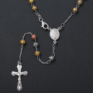 925 Silver High Polished 3 Toned Filigree Rosary 5mm