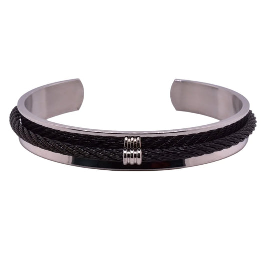 Stainless Steel Cuffed Black Cable 10mm Bangle