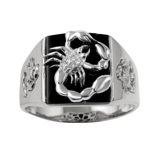 925 Sterling Silver Rhodium Plated Square Scorpion Ring with CZ