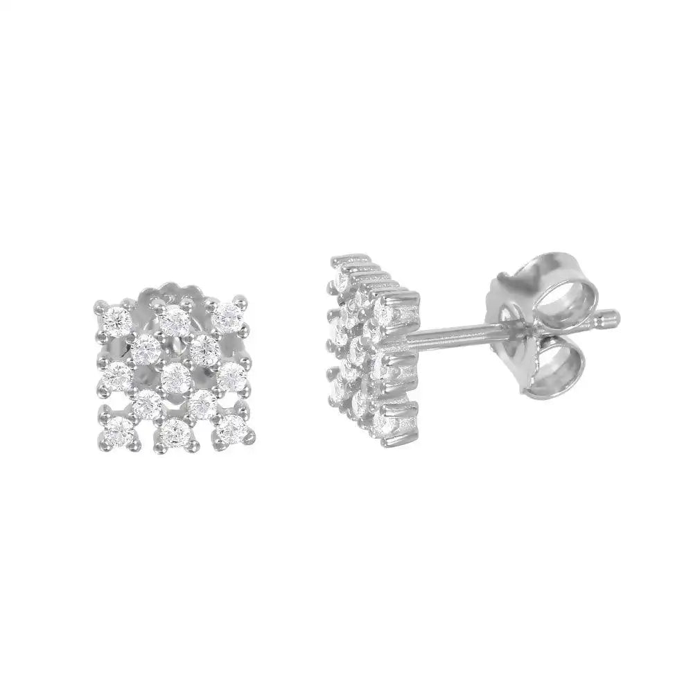 925 Sterling Silver Rhodium Plated Small Square Checkered CZ Stud Earrings
