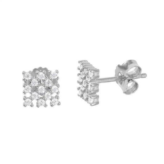 925 Sterling Silver Rhodium Plated Small Square Checkered CZ Stud Earrings