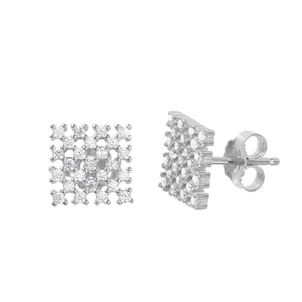 925 Silver Rhodium Plated Checkered CZ Stud Earrings