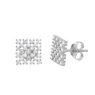 925 Silver Rhodium Plated Checkered CZ Stud Earrings