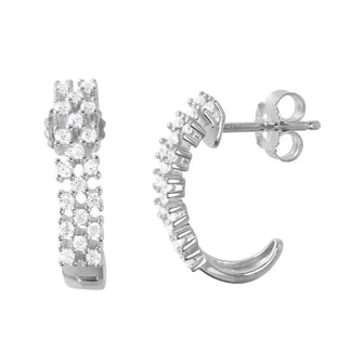 925 Sterling Silver Rhodium Plated Thin Checkered CZ Semi-huggie hoop Earrings