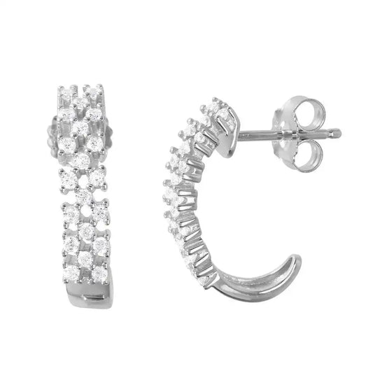 925 Sterling Silver Rhodium Plated Thin Checkered CZ Semi-huggie hoop Earrings