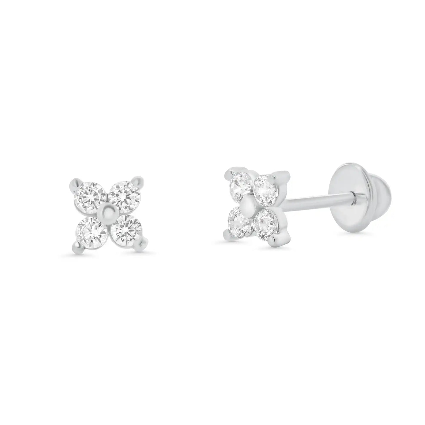 925 Sterling Silver High Polished CZ Clover Flower Earrings