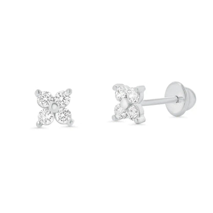 925 Sterling Silver High Polished CZ Clover Flower Earrings