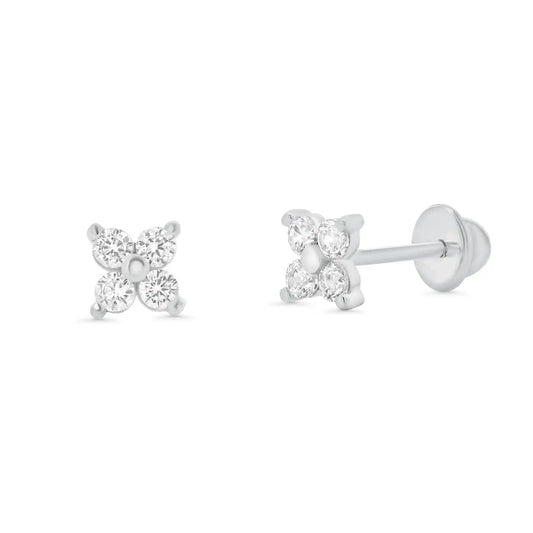 925 Sterling Silver High Polished CZ Clover Flower Earrings