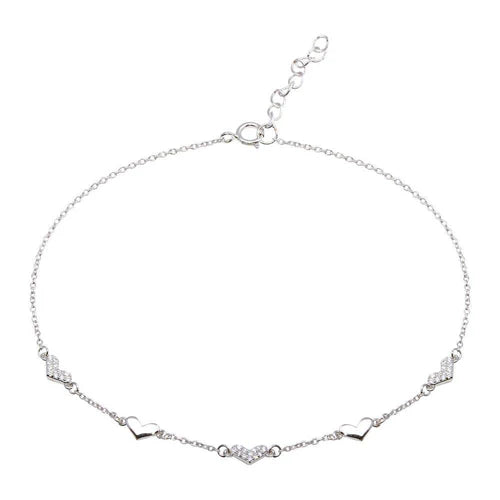 925 Sterling Silver Rhodium Plated  5 Heart CZ Anklet - BGF00027