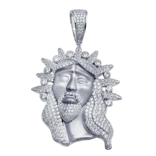 925 Sterling Silver Rhodium Plated CZ Jesus Piece Hip Hop Pendant