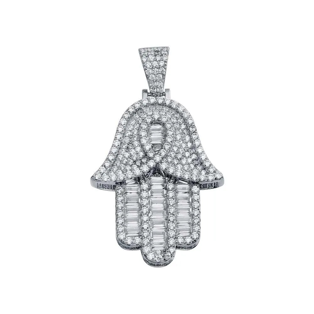 925 Sterling Silver Rhodium Plated CZ Hamsa Hip Hop Pendant