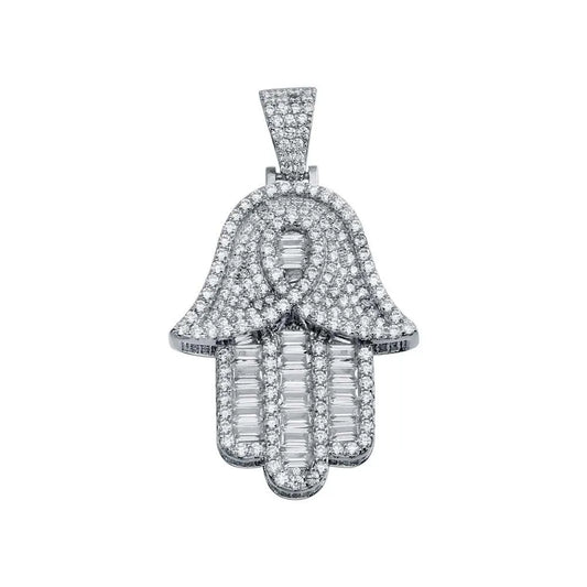 925 Sterling Silver Rhodium Plated CZ Hamsa Hip Hop Pendant