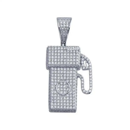 925 Sterling Silver Rhodium Plated CZ Gas Pump Hip Hop Pendant