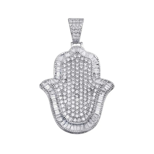 925 Sterling Silver Rhodium Plated Hamsa Hand Hip Hop Pendant