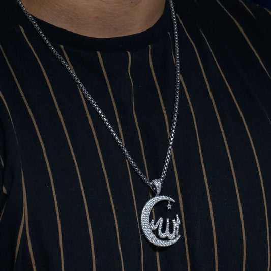 925 Sterling Silver Rhodium Plated Allah Crescent Hip Hop Pendant