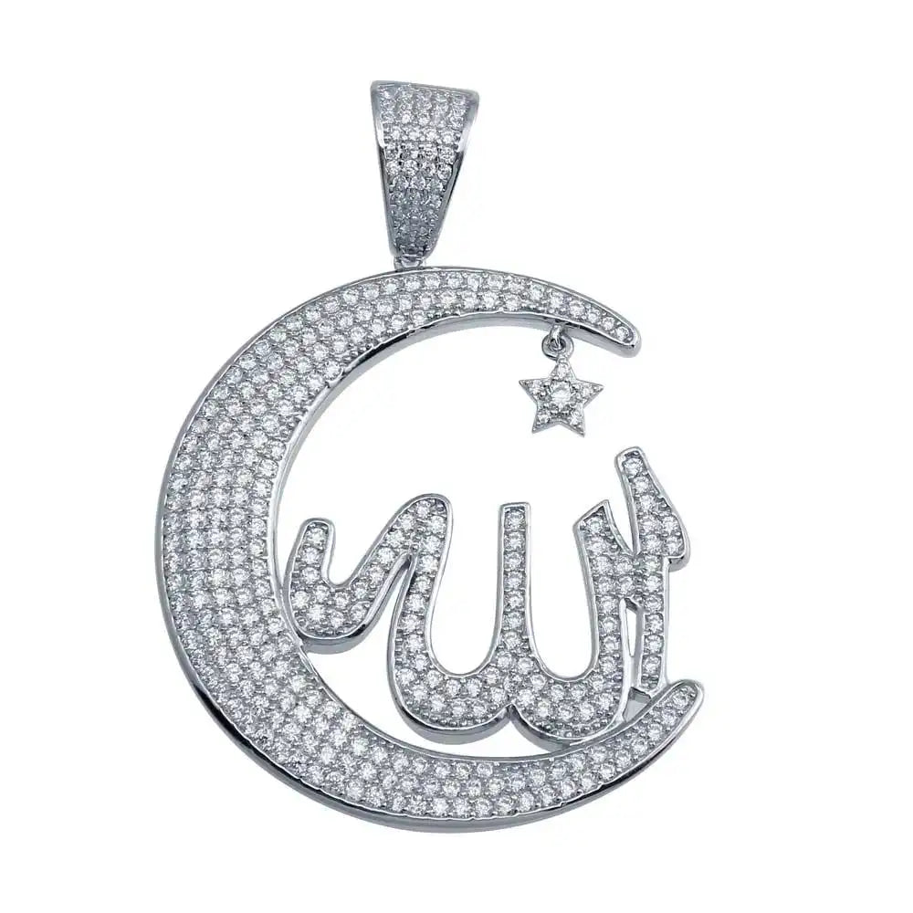 925 Sterling Silver Rhodium Plated Allah Crescent Hip Hop Pendant