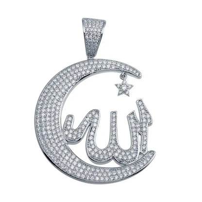 925 Sterling Silver Rhodium Plated Allah Crescent Hip Hop Pendant