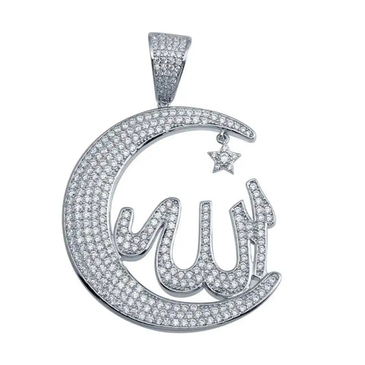 925 Sterling Silver Rhodium Plated Allah Crescent Hip Hop Pendant