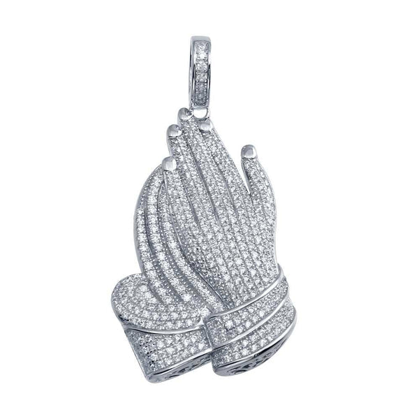 925 Sterling Silver Rhodium Plated Praying Hands Hip Hop Pendant