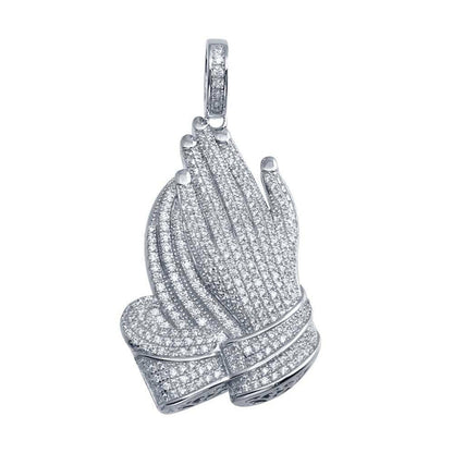 925 Sterling Silver Rhodium Plated Praying Hands Hip Hop Pendant