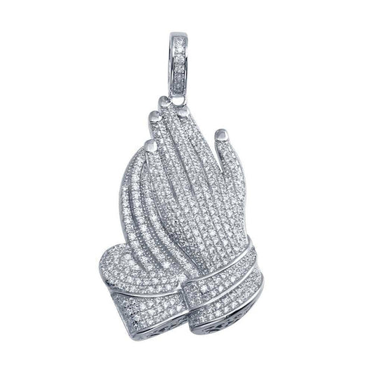 925 Sterling Silver Rhodium Plated Praying Hands Hip Hop Pendant