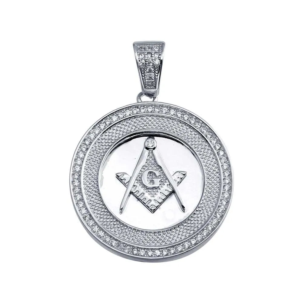 925 Sterling Silver Rhodium Plated Masonic Sign Medallion Hip Hop Pendant