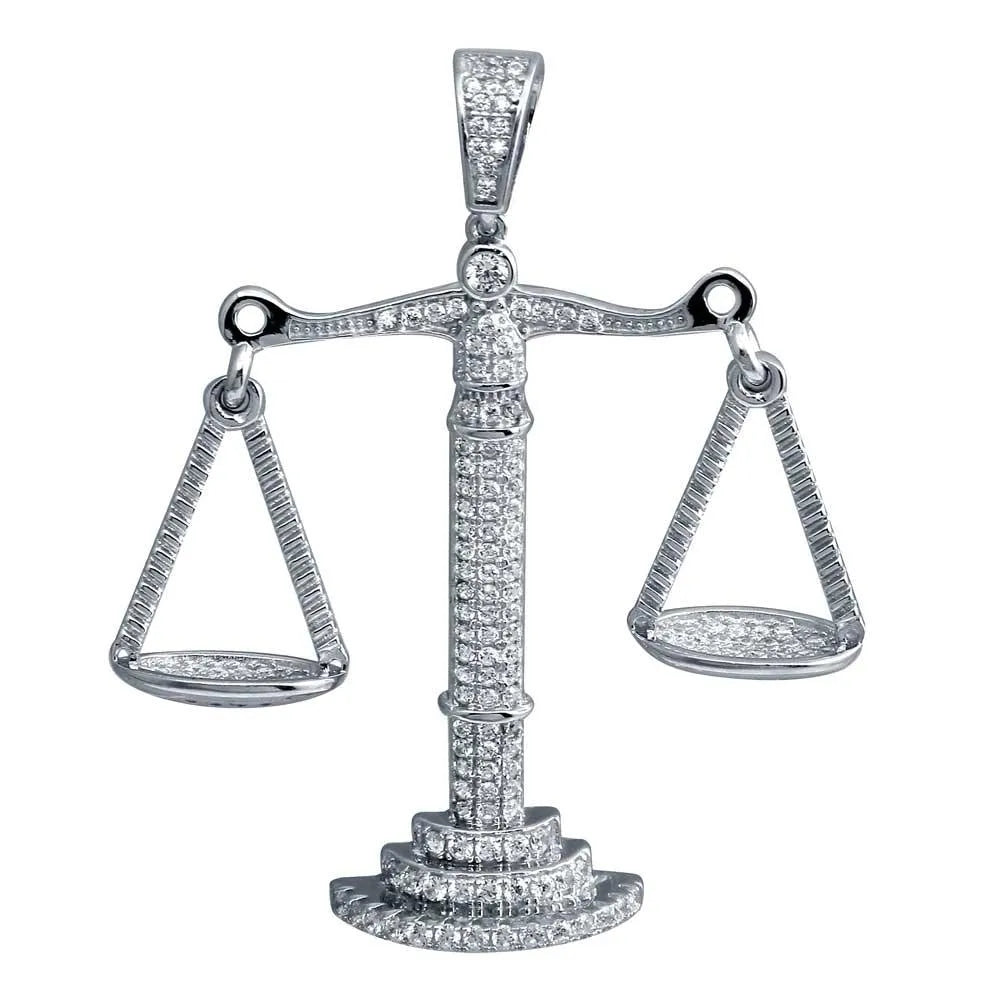 925 Sterling Silver Rhodium Plated CZ Libra Scale Hip Hop Pendant