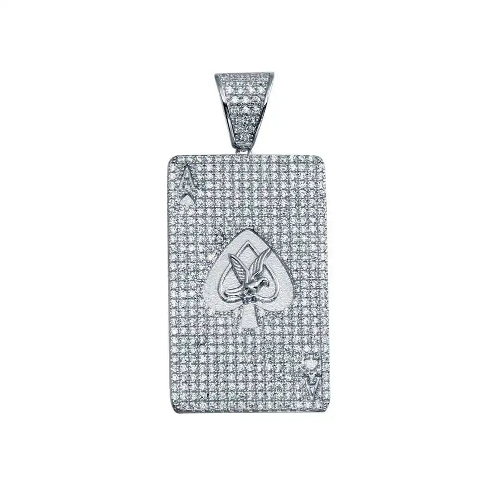 925 Sterling Silver Rhodium Plated CZ Ace Card Hip Hop Pendant