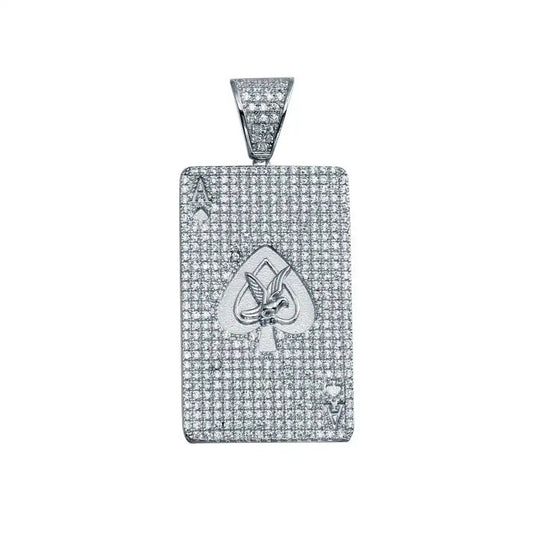 925 Sterling Silver Rhodium Plated CZ Ace Card Hip Hop Pendant