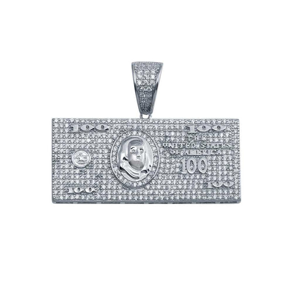 925 Sterling Silver Rhodium Plated CZ Hundred Dollar Bill Hip Hop Pendant
