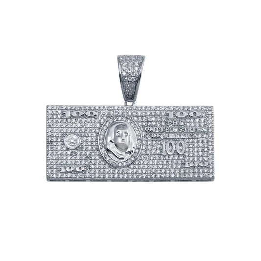 925 Sterling Silver Rhodium Plated CZ Hundred Dollar Bill Hip Hop Pendant