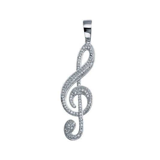 925 Sterling Silver Rhodium Plated Treble Clef Musical Note Hip Hop Pendant