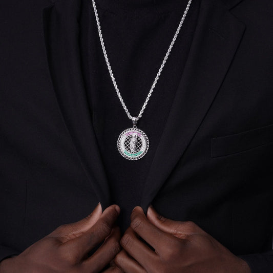 925 Sterling Silver Rhodium Plated Saint Jude Clear Green and Red CZ 35mm Pendant