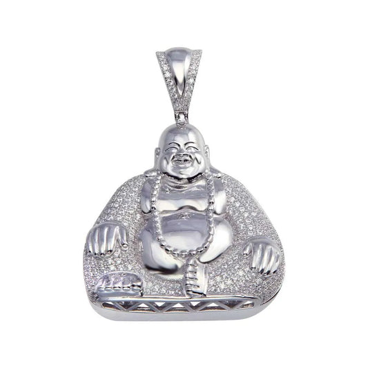 925 Sterling Silver Rhodium Plated CZ Laughing Buddha Hip Hop Pendant
