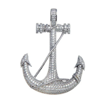 925 Sterling Silver Rhodium Plated CZ Anchor Hip Hop Pendant