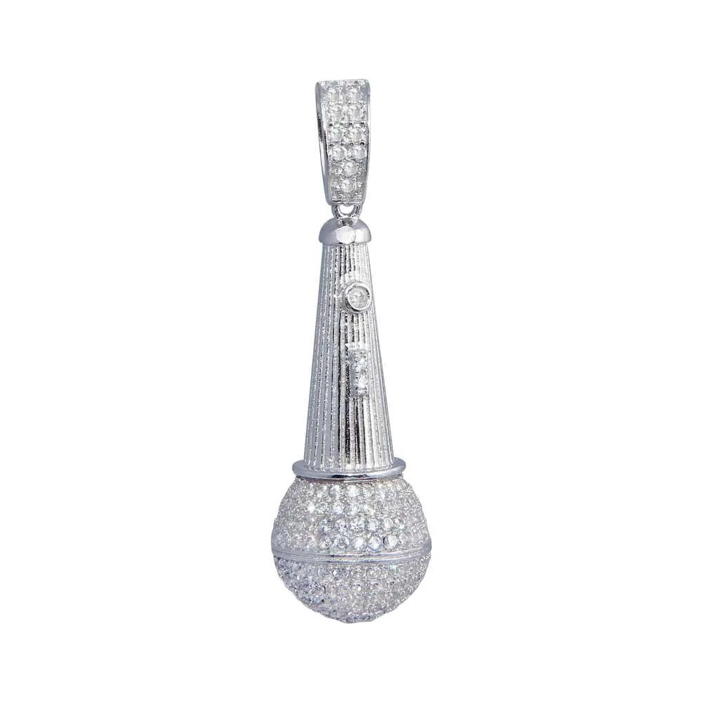 925 Sterling Silver Rhodium Plated CZ Microphone Hip Hop Pendant