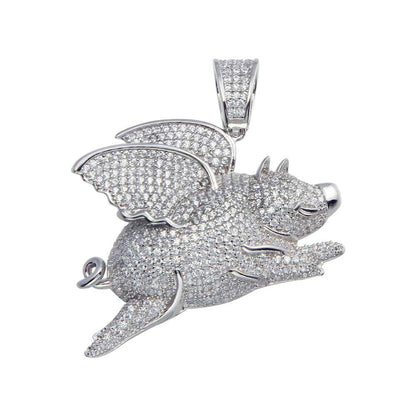 925 Sterling Silver Rhodium Plated CZ Flying Pig Hip Hop Pendant