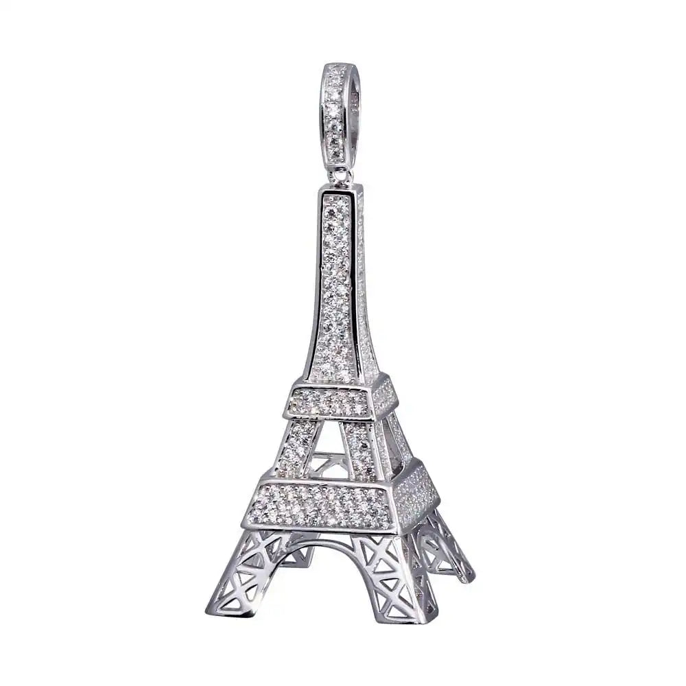 925 Sterling Silver Rhodium Plated CZ Eiffel Tower Hip Hop Pendant