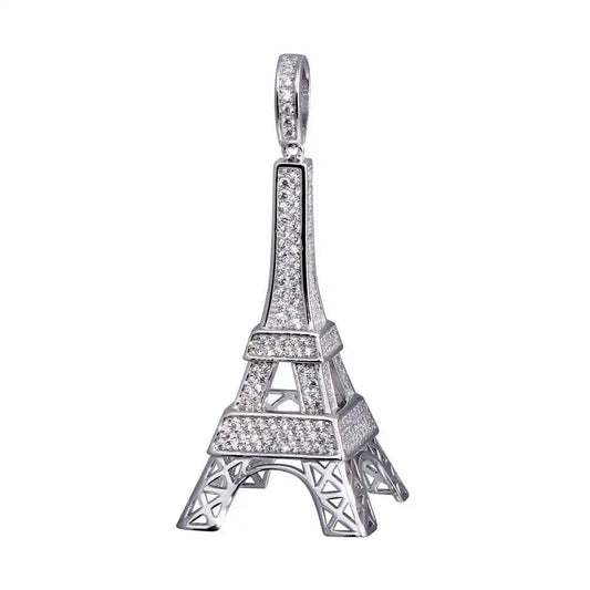 925 Sterling Silver Rhodium Plated CZ Eiffel Tower Hip Hop Pendant