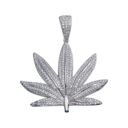 925 Sterling Silver Rhodium Plated  CZ Marijuana Leaf Hip Hop Pendant
