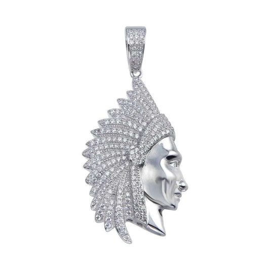 925 Sterling Silver Rhodium Plated CZ Native American Chief Hip Hop Pendant