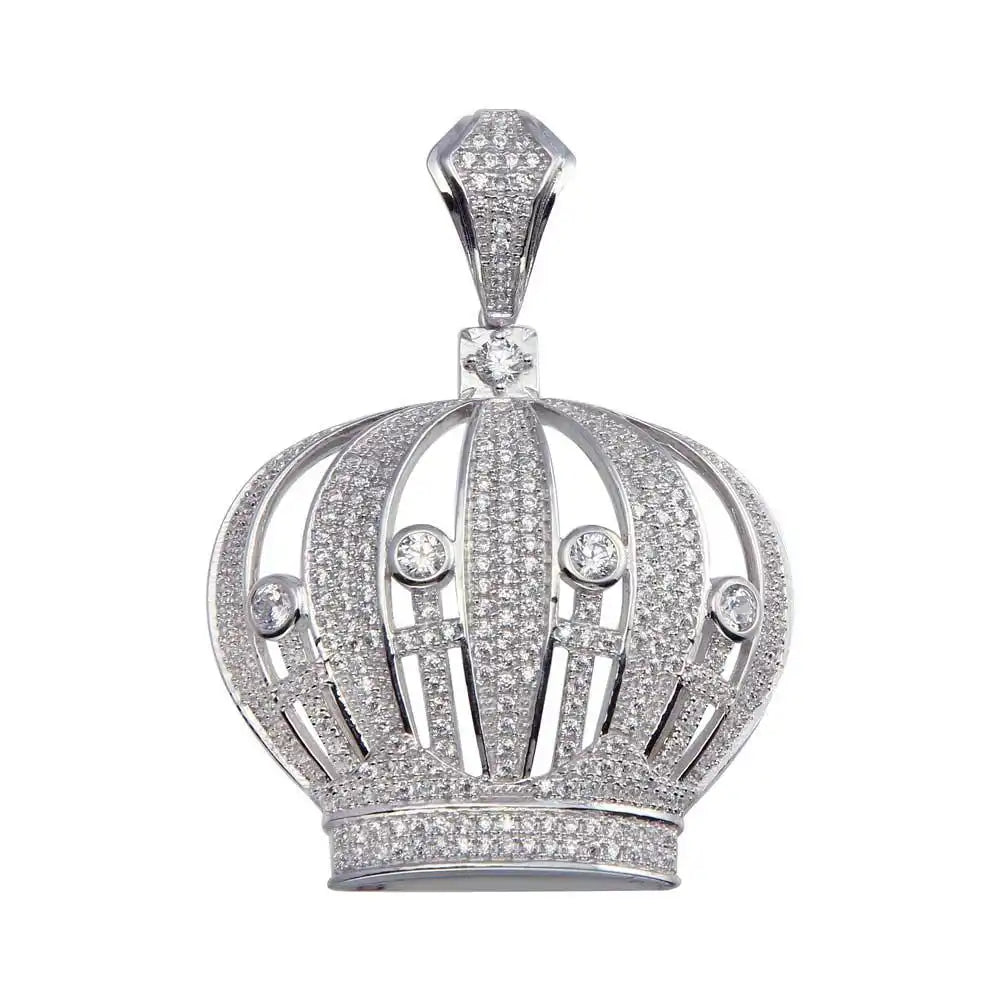 925 Sterling Silver Rhodium Plated CZ Crown Hip Hop Pendant