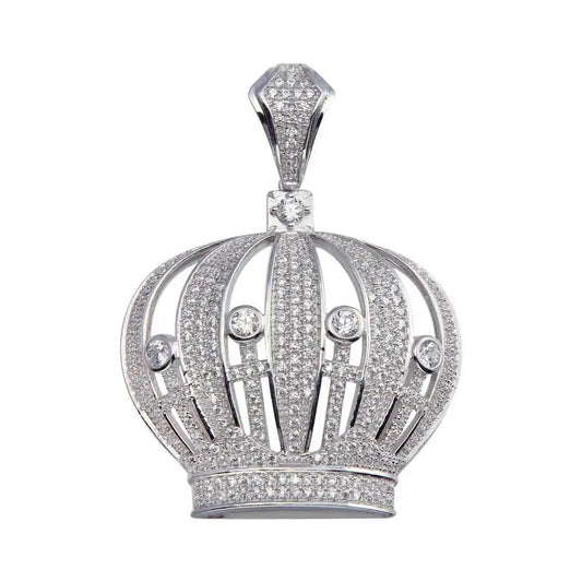 925 Sterling Silver Rhodium Plated CZ Crown Hip Hop Pendant