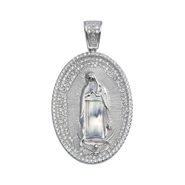 925 Sterling Silver Rhodium Plated CZ Lady of Guadalupe Hip Hop Pendant