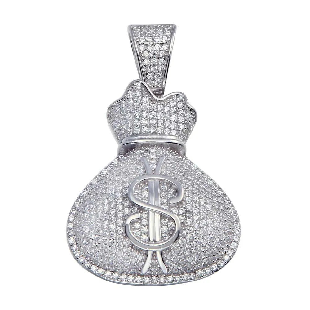 925 Sterling Silver Rhodium Plated CZ Money Bag Hip Hop Pendant