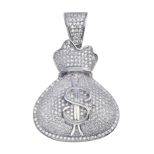 925 Sterling Silver Rhodium Plated CZ Money Bag Hip Hop Pendant