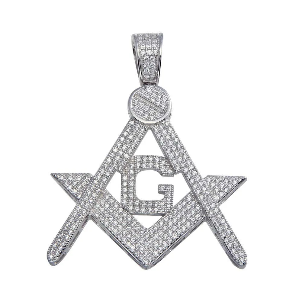 925 Sterling Silver Rhodium Plated CZ Masonic Symbol Hip Hop Pendant