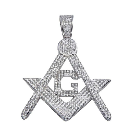 925 Sterling Silver Rhodium Plated CZ Masonic Symbol Hip Hop Pendant