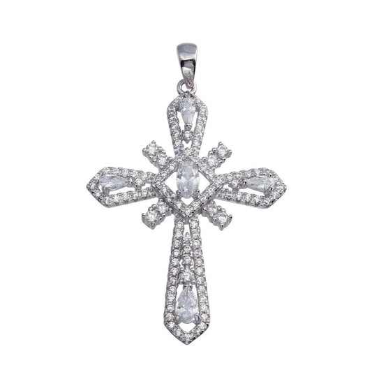 925 Sterling Silver Rhodium Plated CZ Cross Hip Hop Pendant